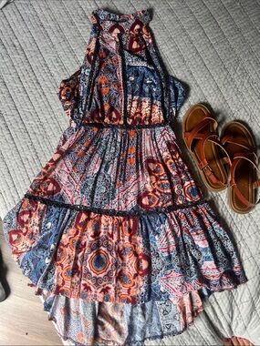 Jaase Multicolor High-Low Boho Dress (Navy, Orange, Pink)